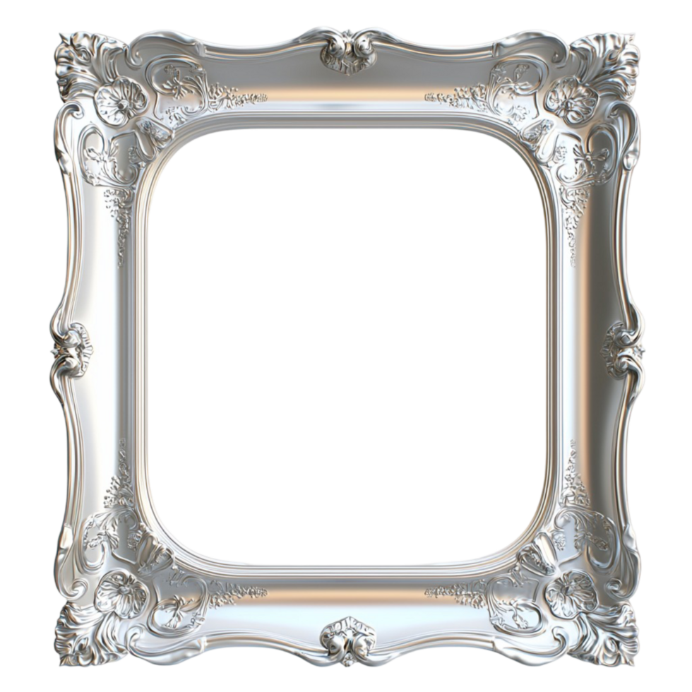 silver picture frame with intricate floral carvings and a blank center png