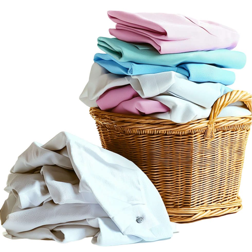 Wicker basket filled with neatly folded colorful laundry and fabrics png