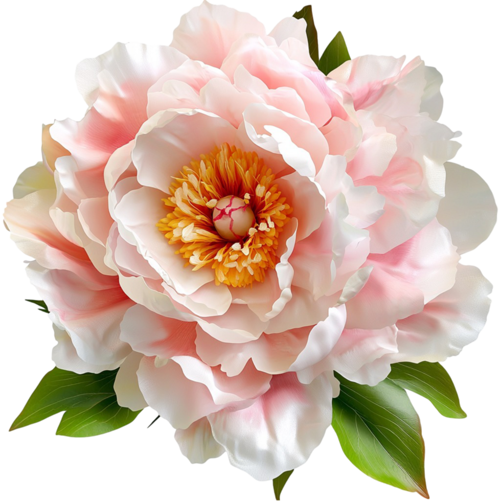 Large blooming pink peony flower with lush layered petals and green leaves png