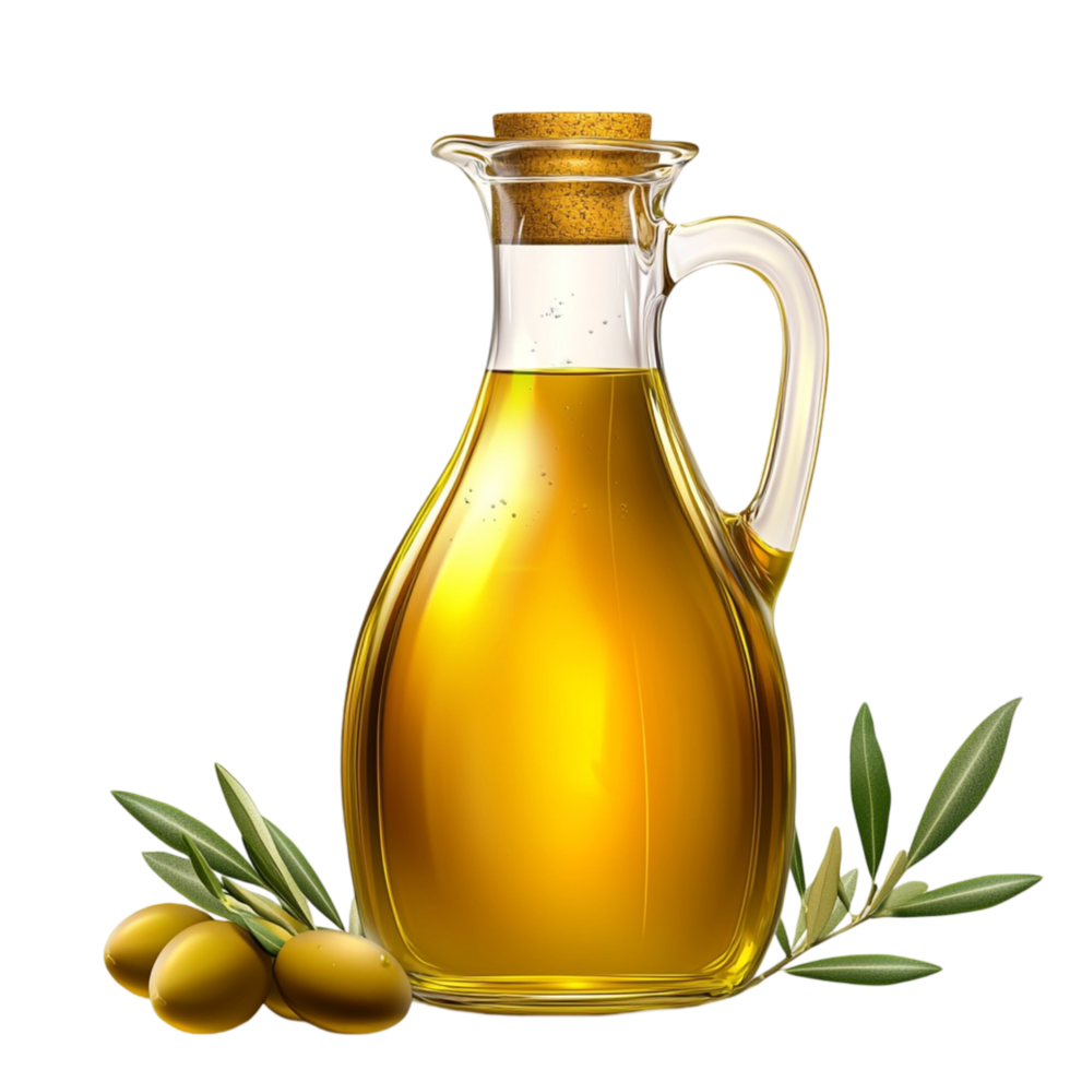 Glass bottle filled with golden olive oil and olives beside it png