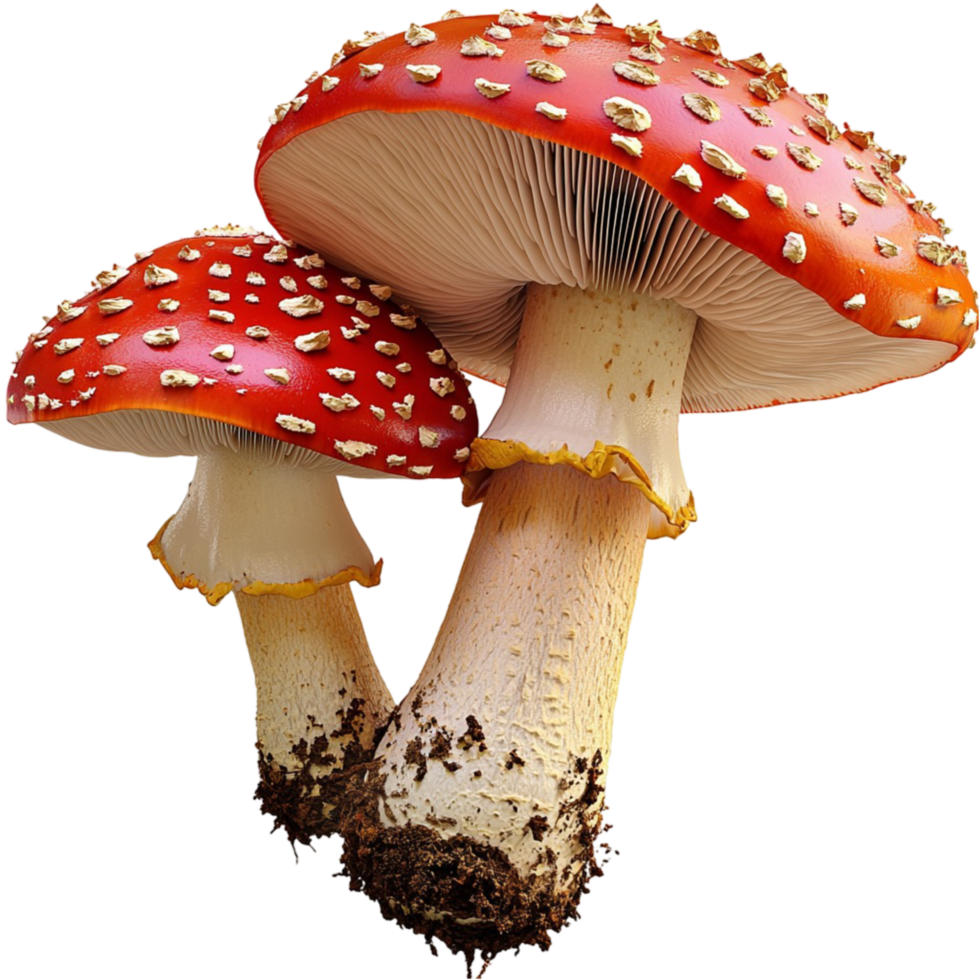 Red and white spotted mushrooms growing in a natural forest environment png