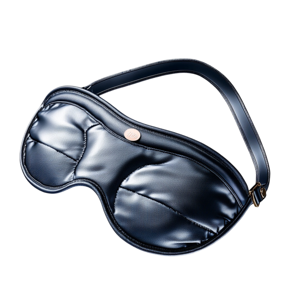 Black silky eye mask with an adjustable strap and a cushioned interior png
