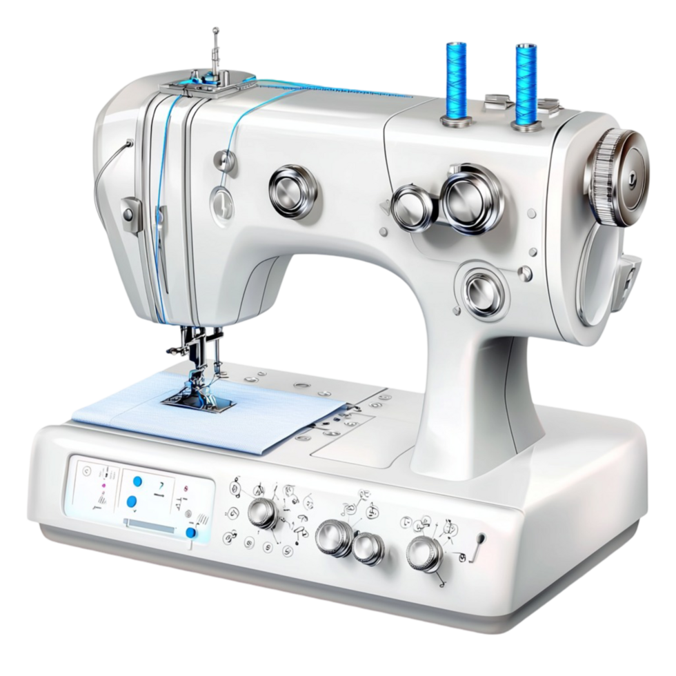Silver sewing machine with multiple dials and a spool of blue thread on top png