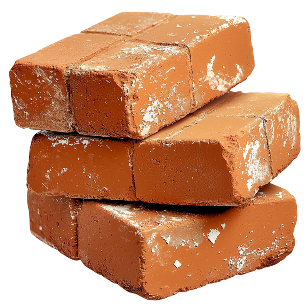 Stack of weathered red bricks with chipped edges and a rough texture png