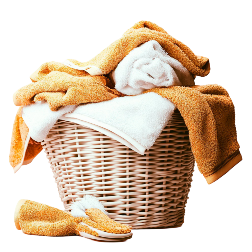 Wicker laundry basket filled with fluffy white towels and folded blankets png