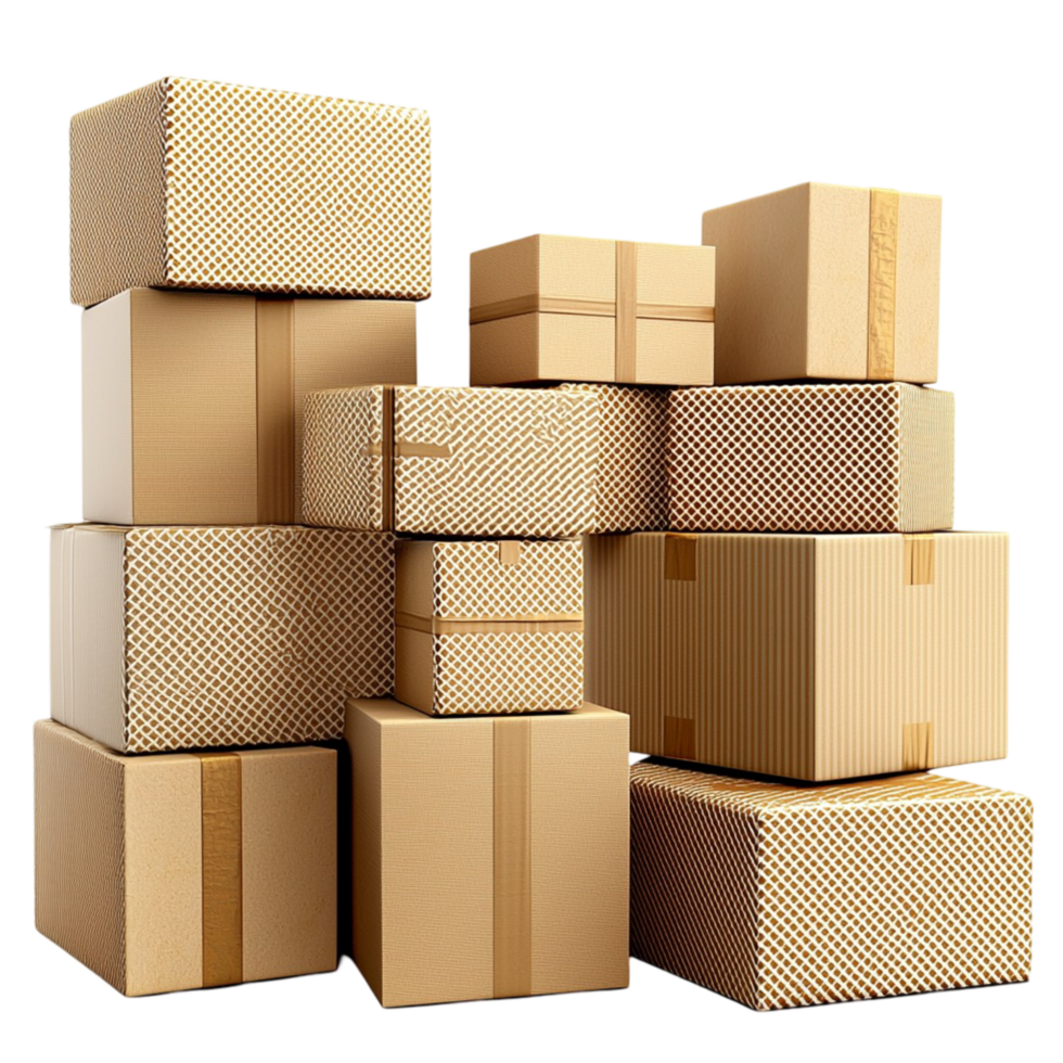 Stack of cardboard boxes in different sizes arranged in a neat pile png