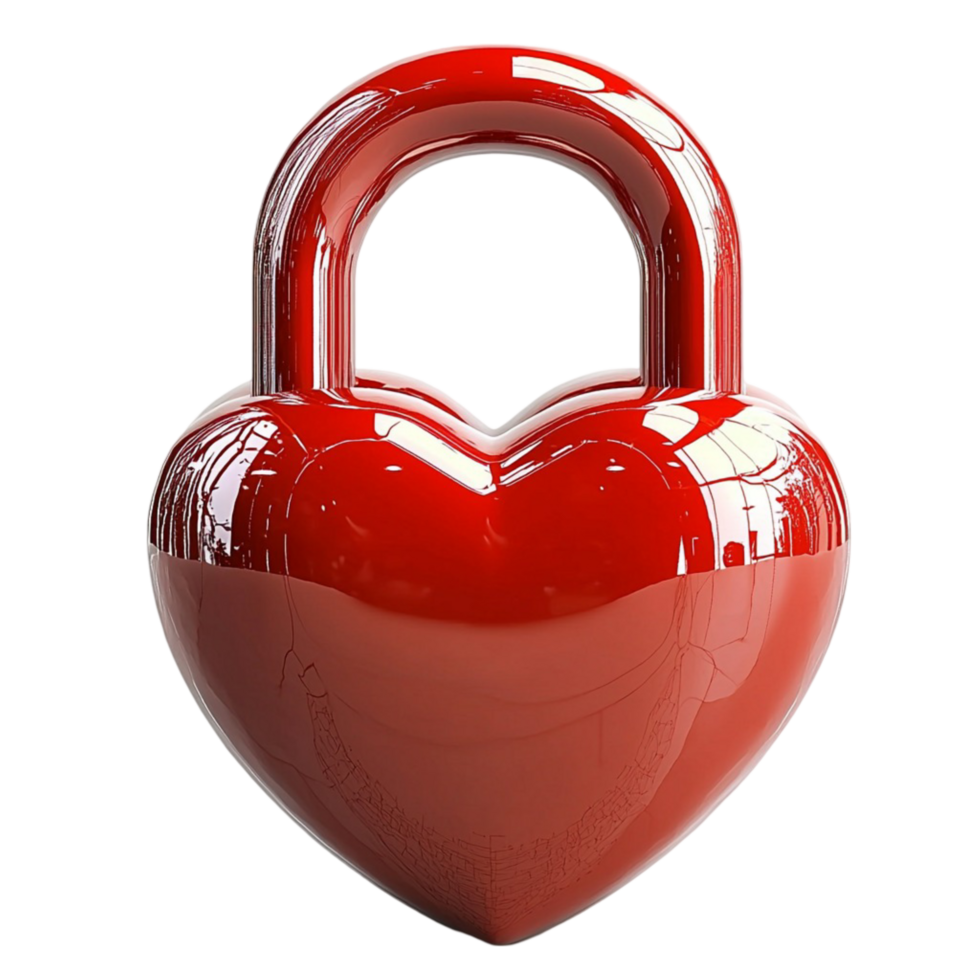 Shiny red heart shaped padlock with a metallic surface and curved edges png