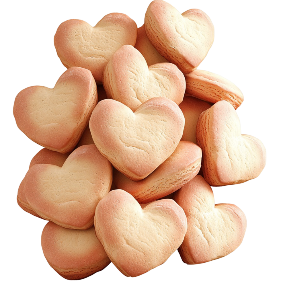 Pile of heart shaped cookies with a golden brown texture and edges png