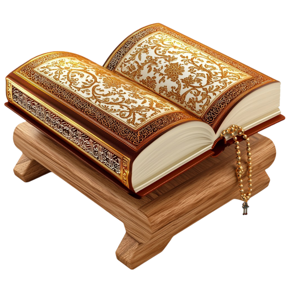 Ornate golden book with intricate designs resting on a traditional wooden stand png