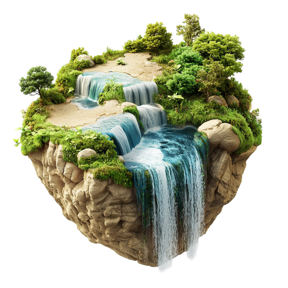 Floating island with a beautiful waterfall and greenery png