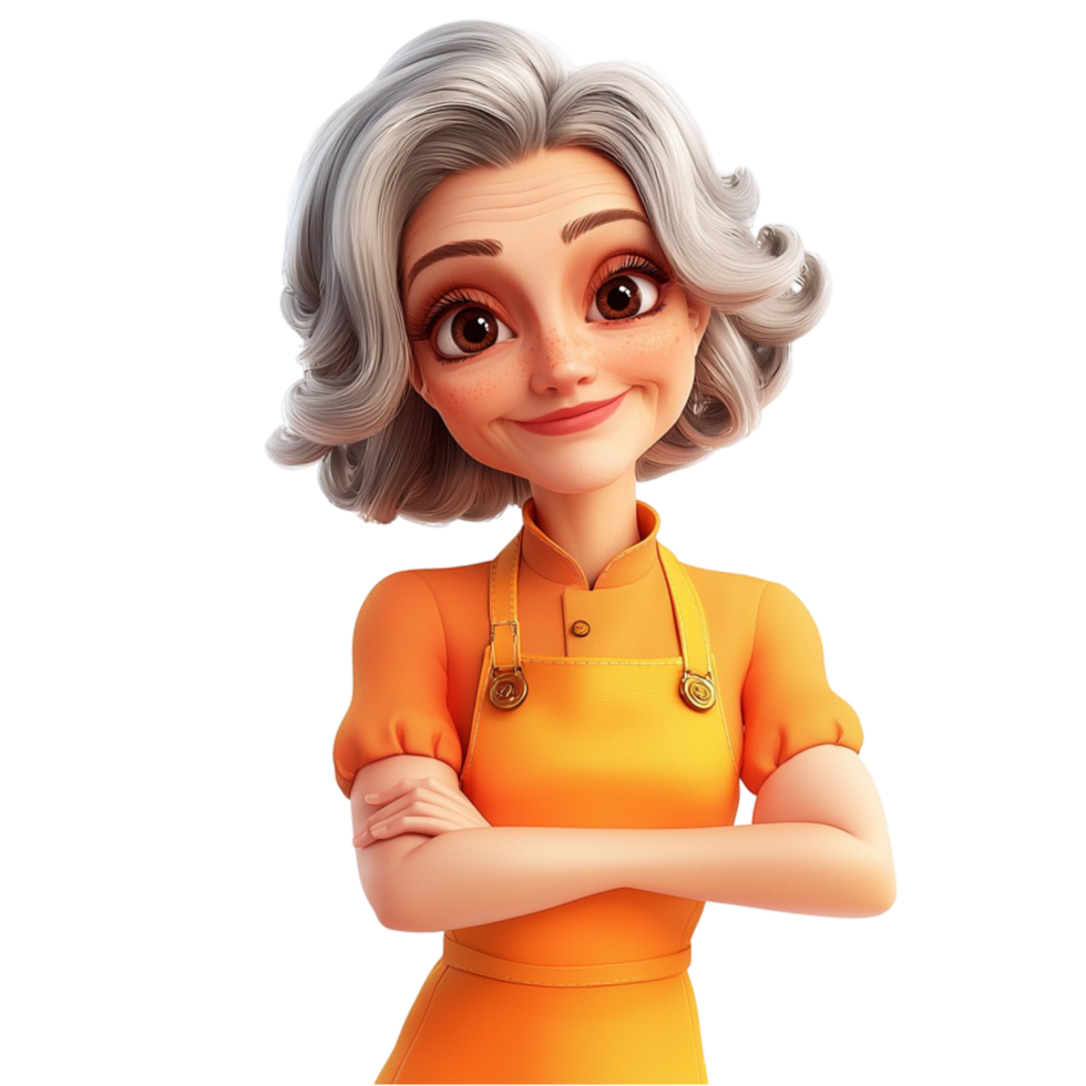 Animated elderly woman with short gray hair wearing an orange apron png