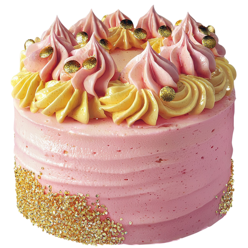 Pink cake with golden decorations on top png