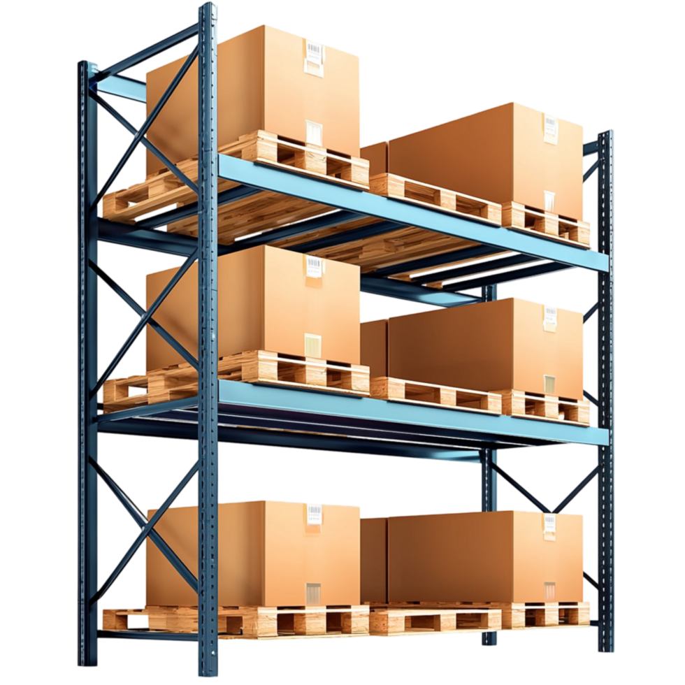 Large industrial warehouse storage rack filled with cardboard boxes png