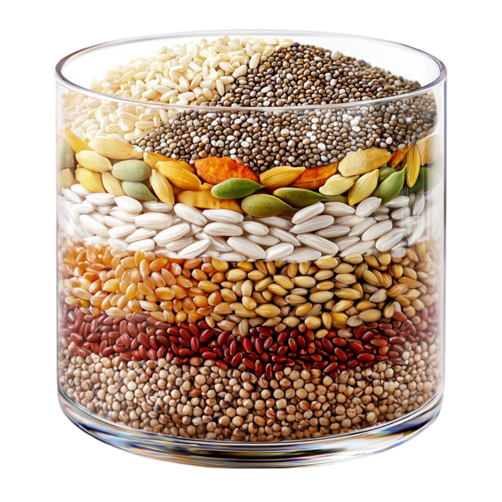 glass filled with layers of mixed grains and seeds png