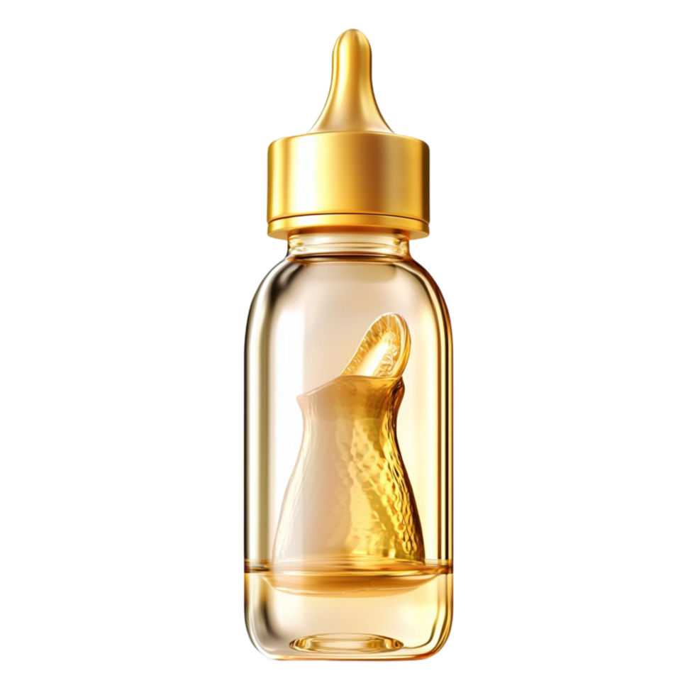 Small glass bottle of oil with a golden dropper and a ginseng root inside png