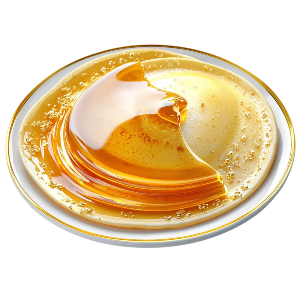Golden honey with a cracked honeycomb dripping on a plate png