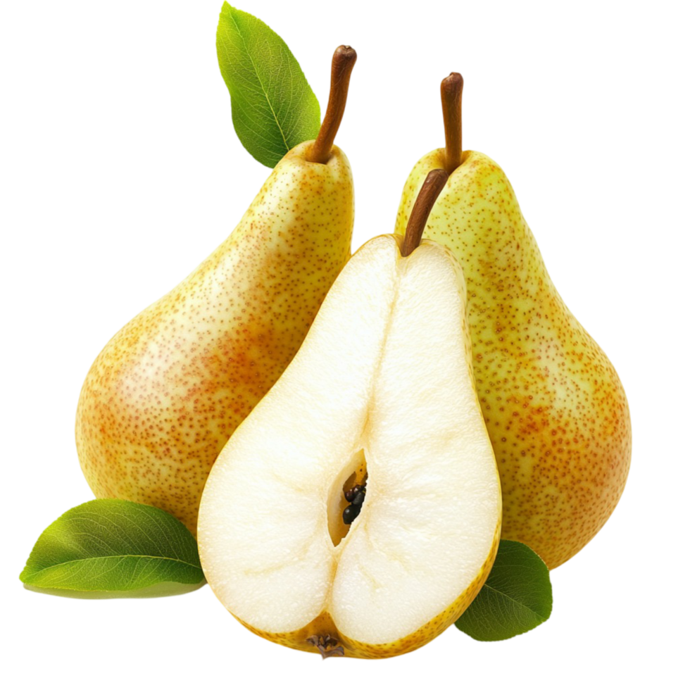 Juicy yellow pears with green leaves and a sliced half showing seeds png
