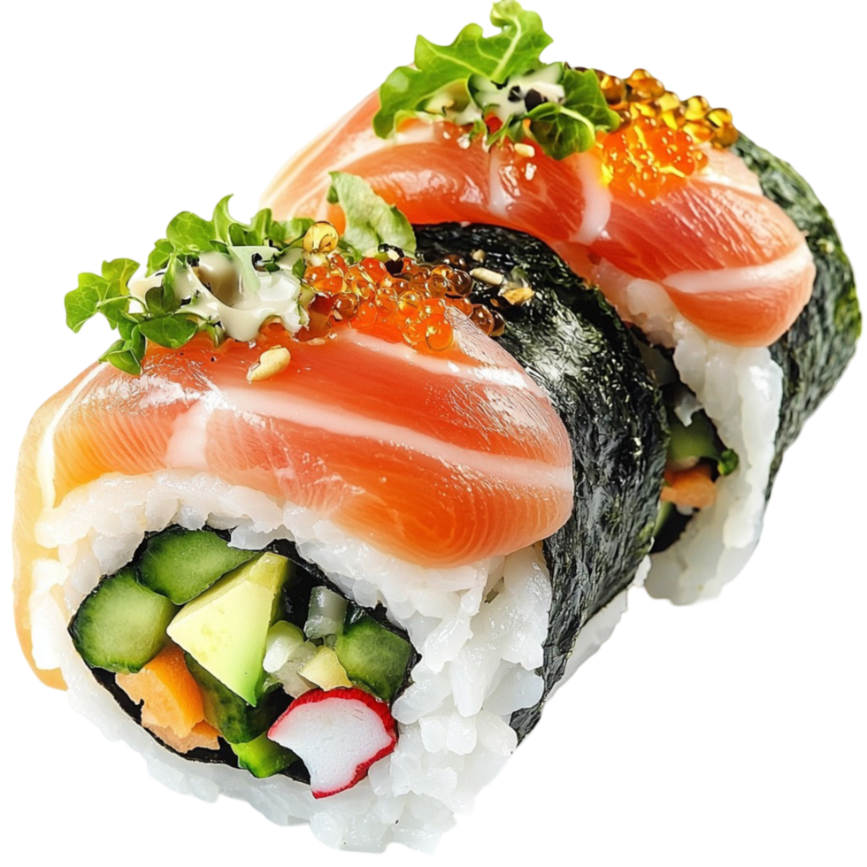 Plate of sushi rolls wrapped in salmon and nori with vegetables png