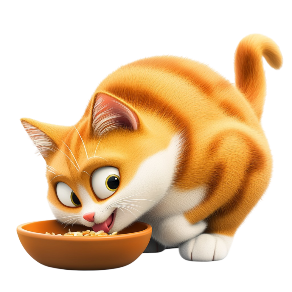 Playful orange and white cat eating from a small food bowl png
