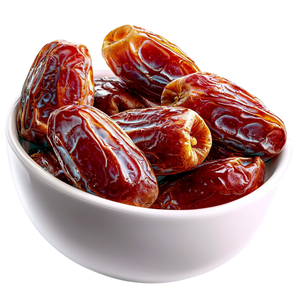 Plump and glossy tes piled in a white ceramic bowl png