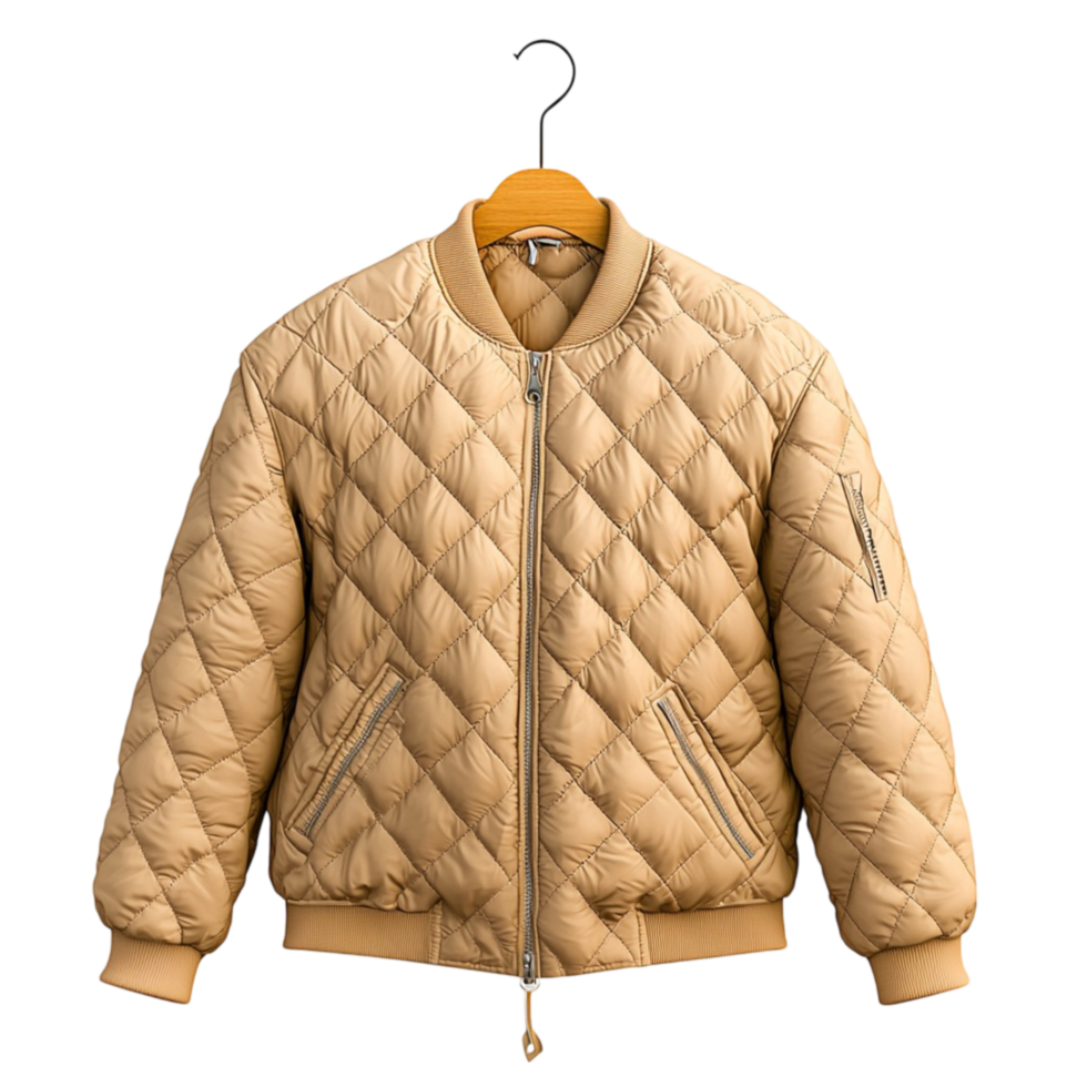Quilted beige bomber jacket hanging on a wooden hanger png