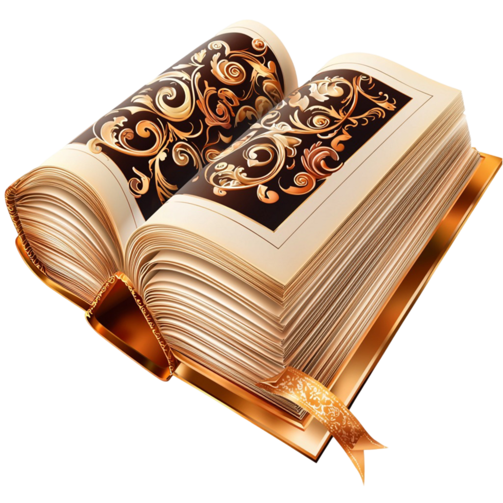 Antique open book intricate golden patterns png