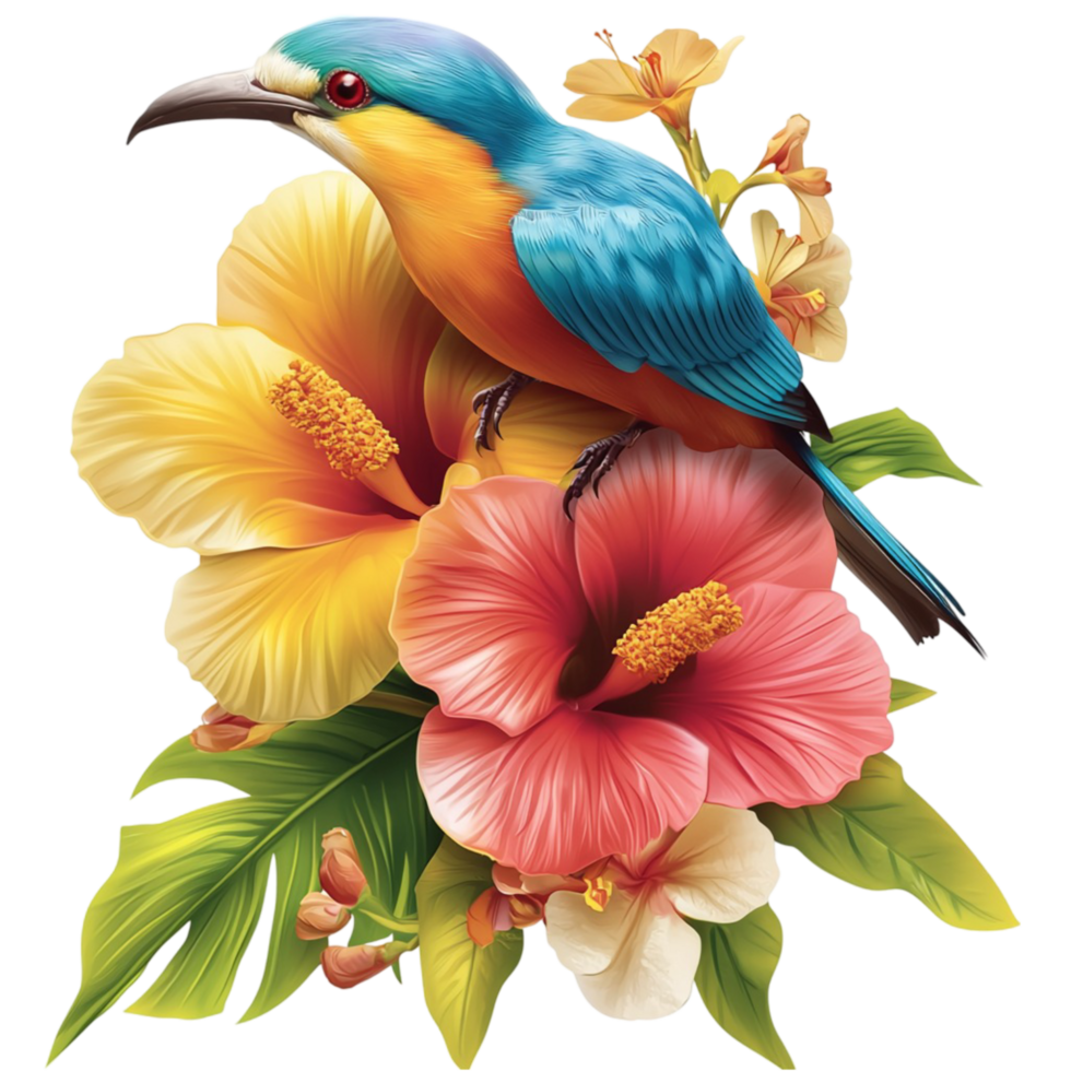 Colorful tropical bird perched on red and yellow flowers png
