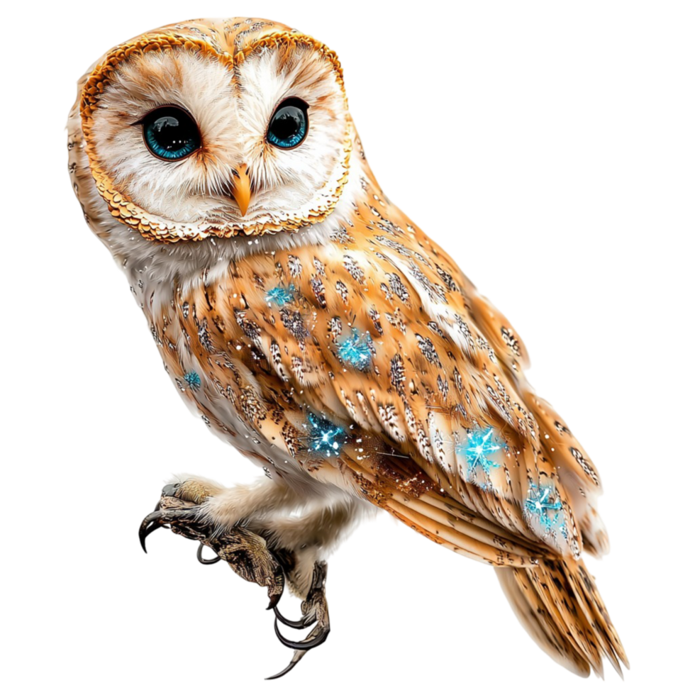 Adorable brown owl sparkling blue jewel like patterns on its feathers png