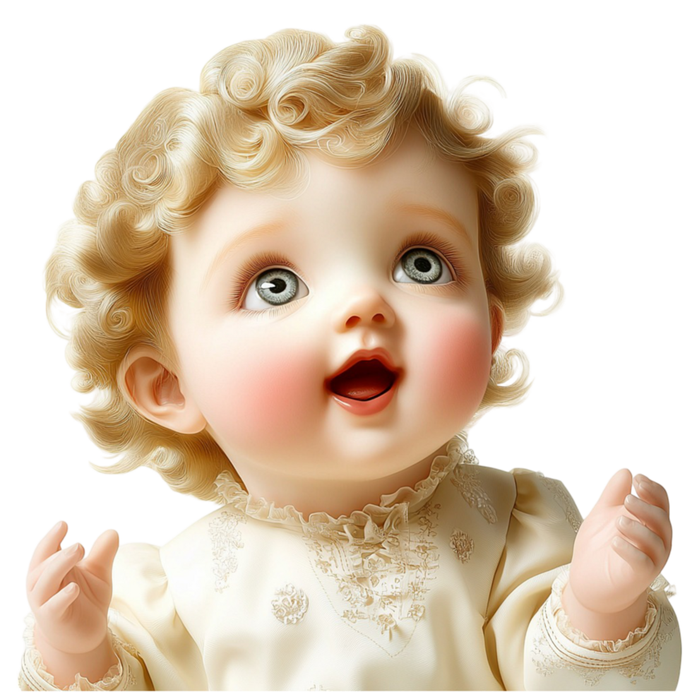 Cute porcelain doll curly blonde hair and sparkling blue eyes png