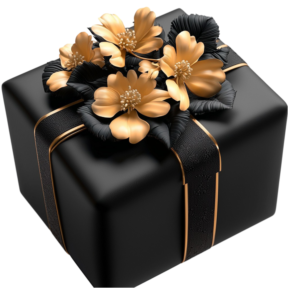 black gift box wrapped gold flowers and a fancy ribbon png