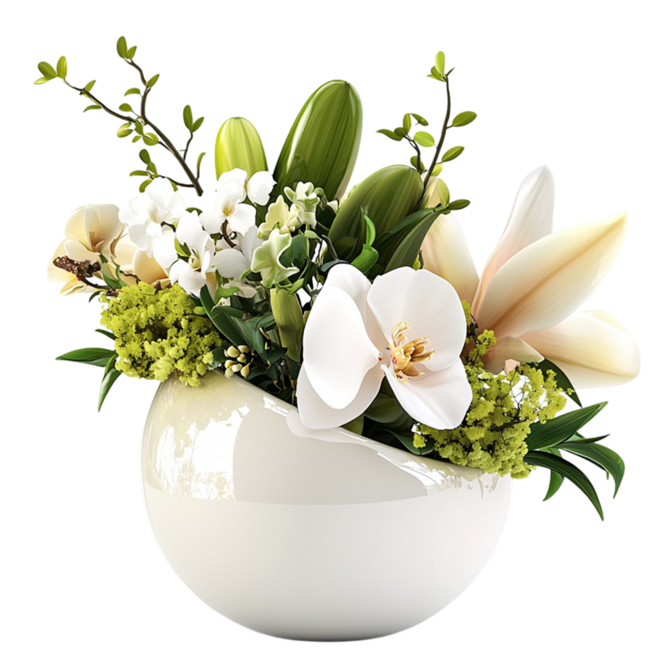 Beautiful floral arrangement white lilies in a round vase png