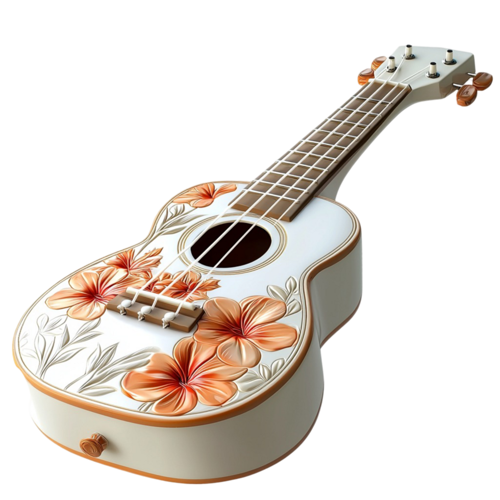 Beautifully decorated ukulele tropical flowers and wooden details png