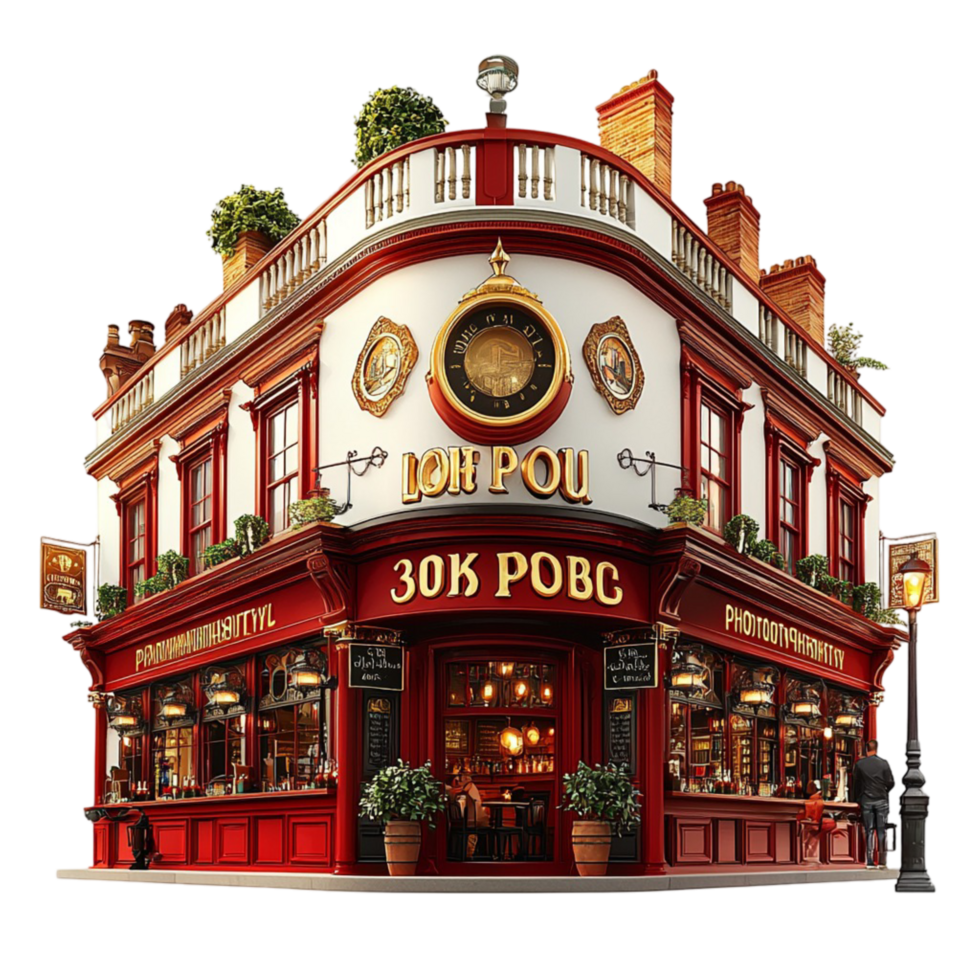 Traditional British pub a vintage red brick exterior and golden signage png
