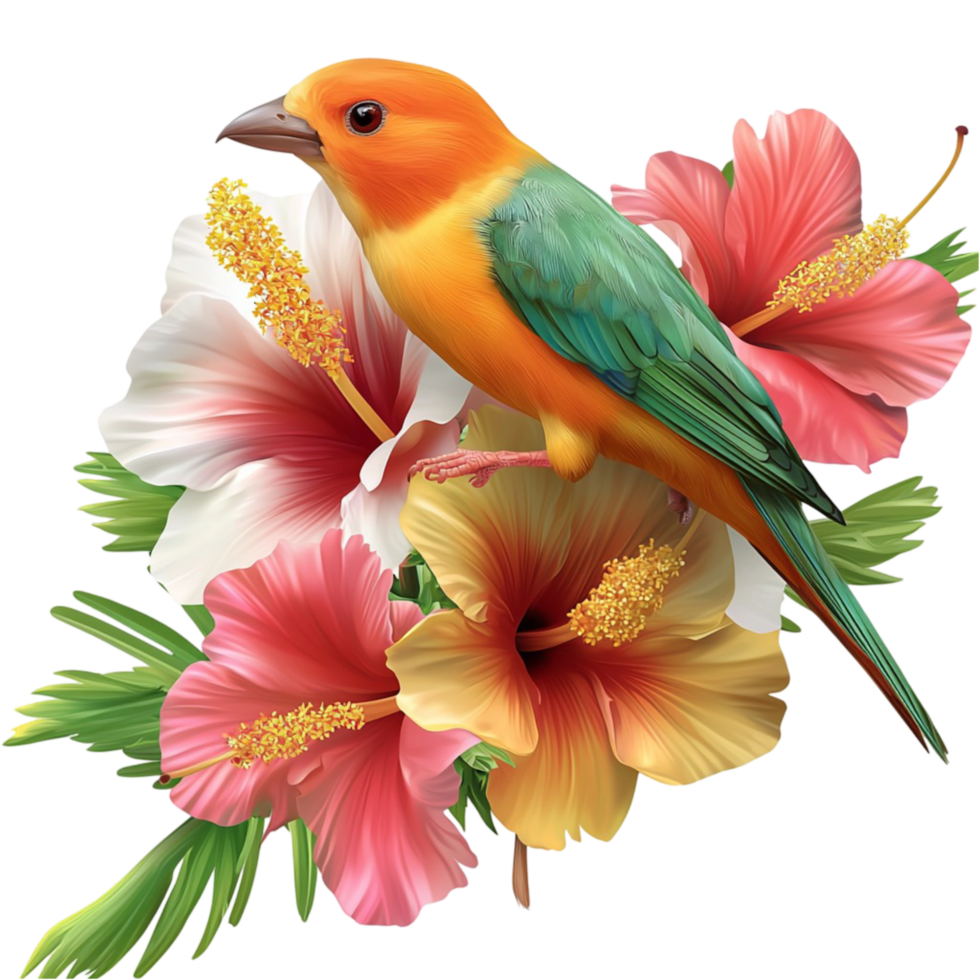 Vibrant orange and green parrot perched among lush tropical flowers png