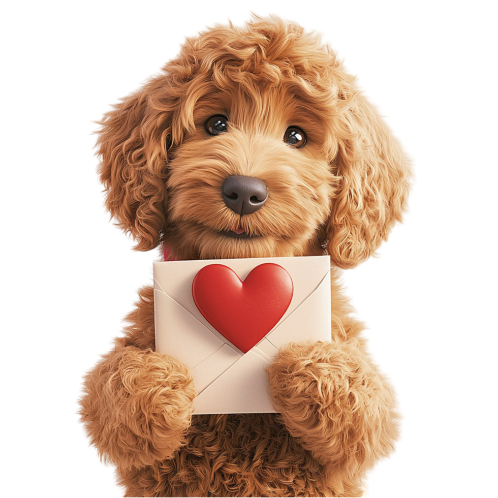 Fluffy brown puppy holding a white envelope a red heart symbol png