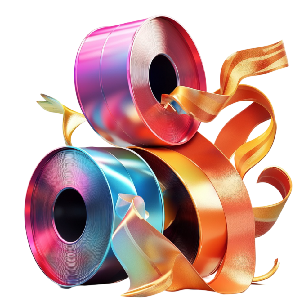 Colorful metallic ribbons a glossy finish and festive curling design png