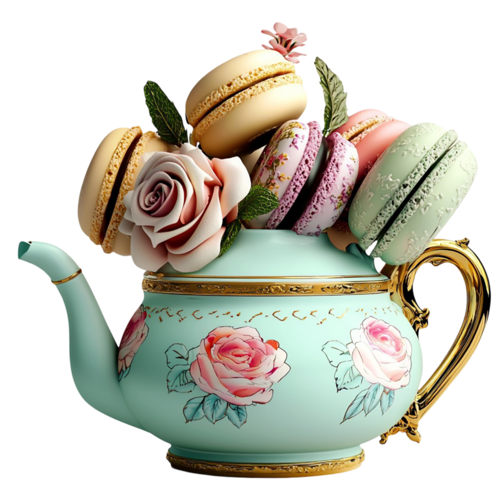 Vintage floral teapot filled colorful macarons and blooming roses png