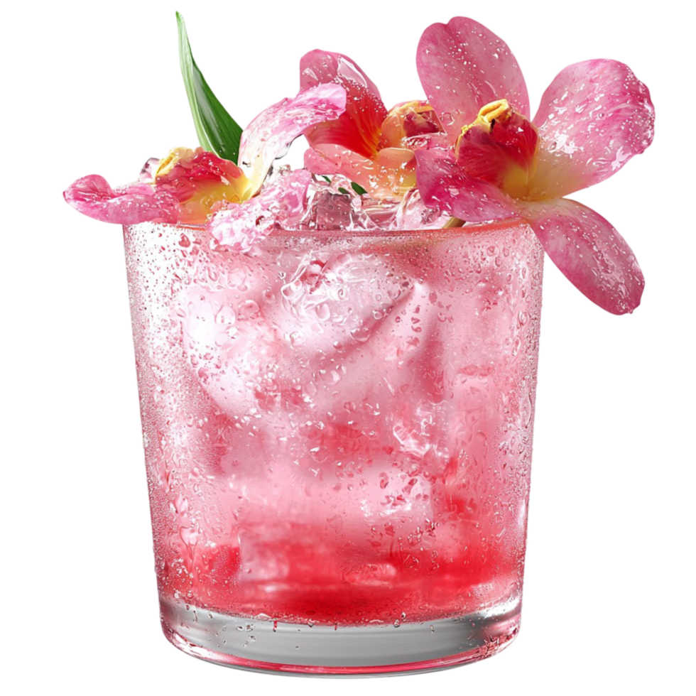 Reing pink cocktail ice cubes and delicate flower garnishes png