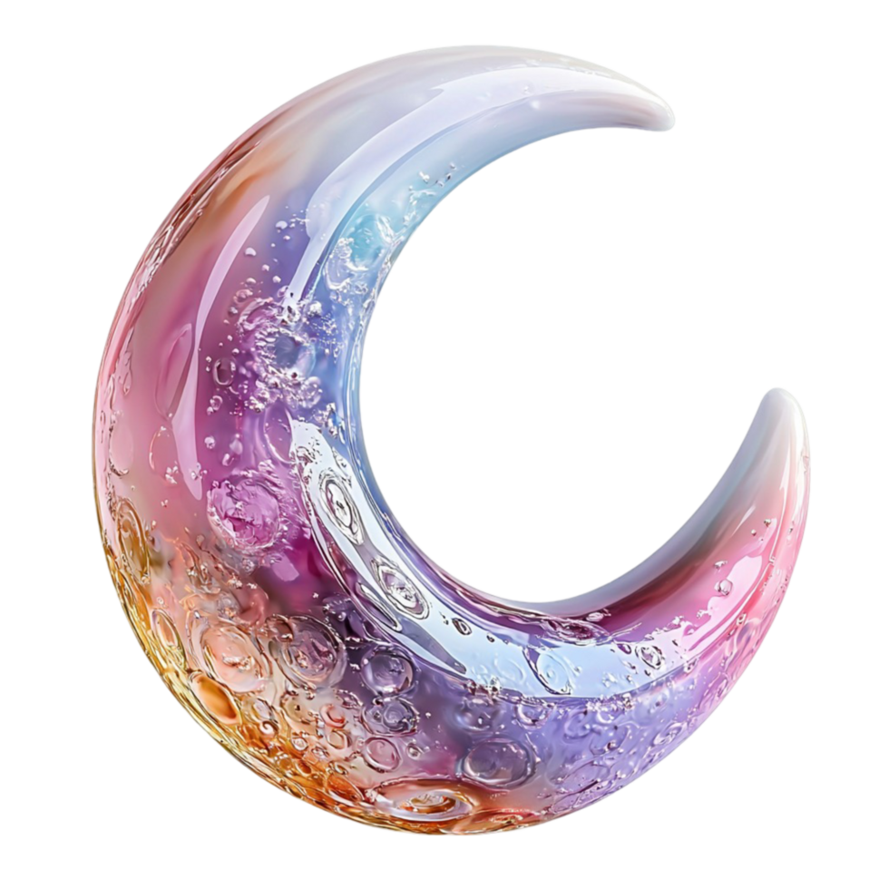 Ethereal crescent moon made of shimmering iridescent glass dreamy swirls png