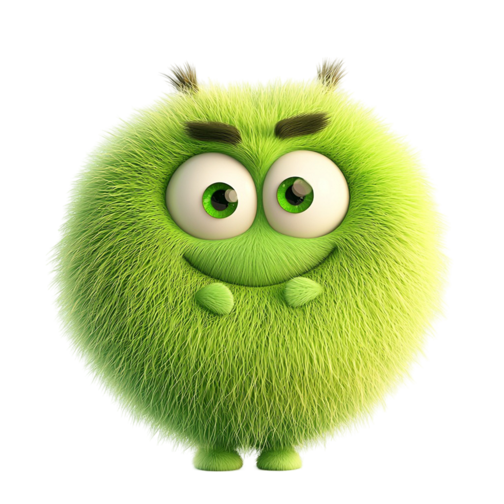 Cute fuzzy green creature big round eyes and a fluffy texture png