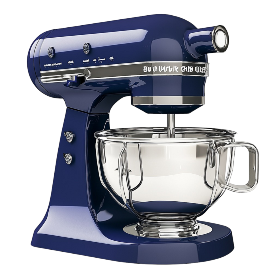 deep blue stand mixer a clear mixing bowl and a metal base png