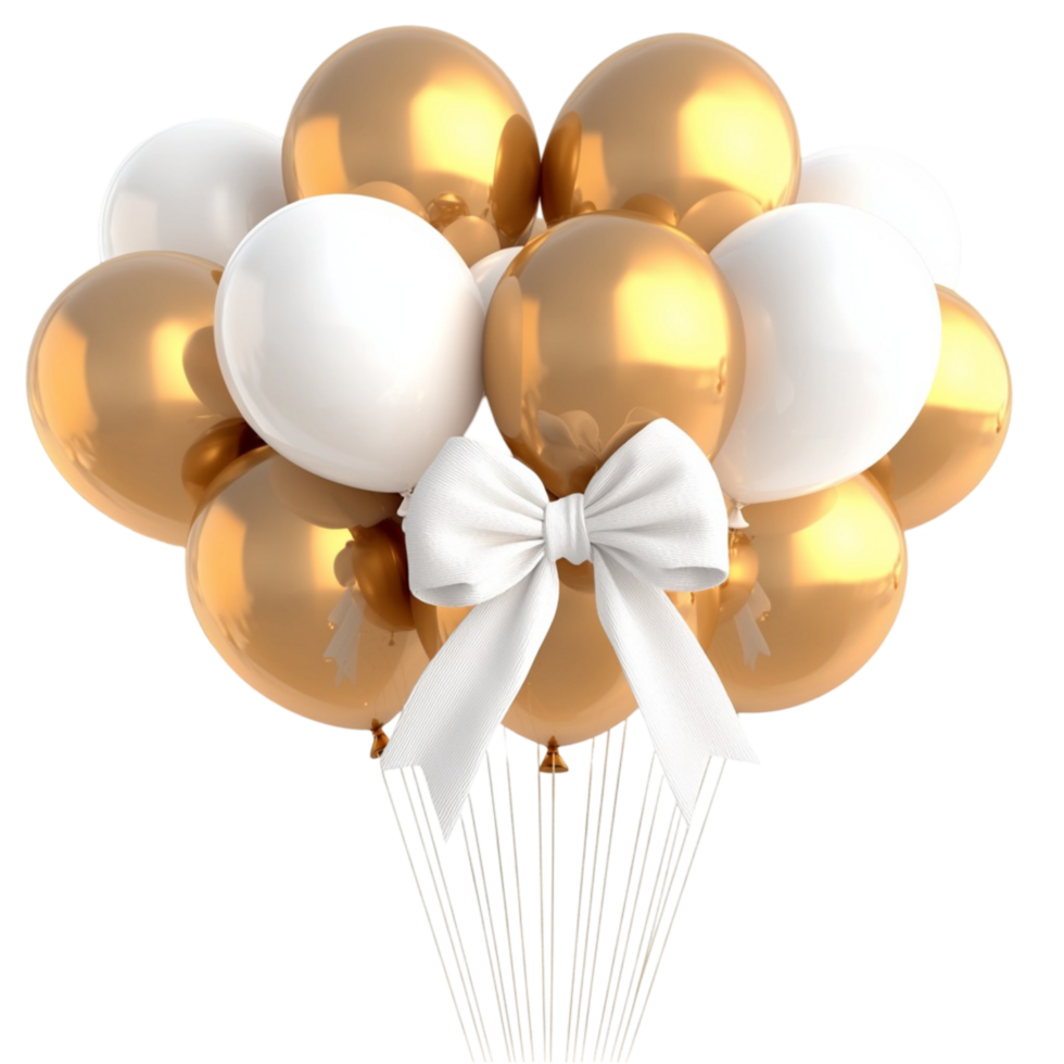 Cluster of gold and white balloons a bow at the base png