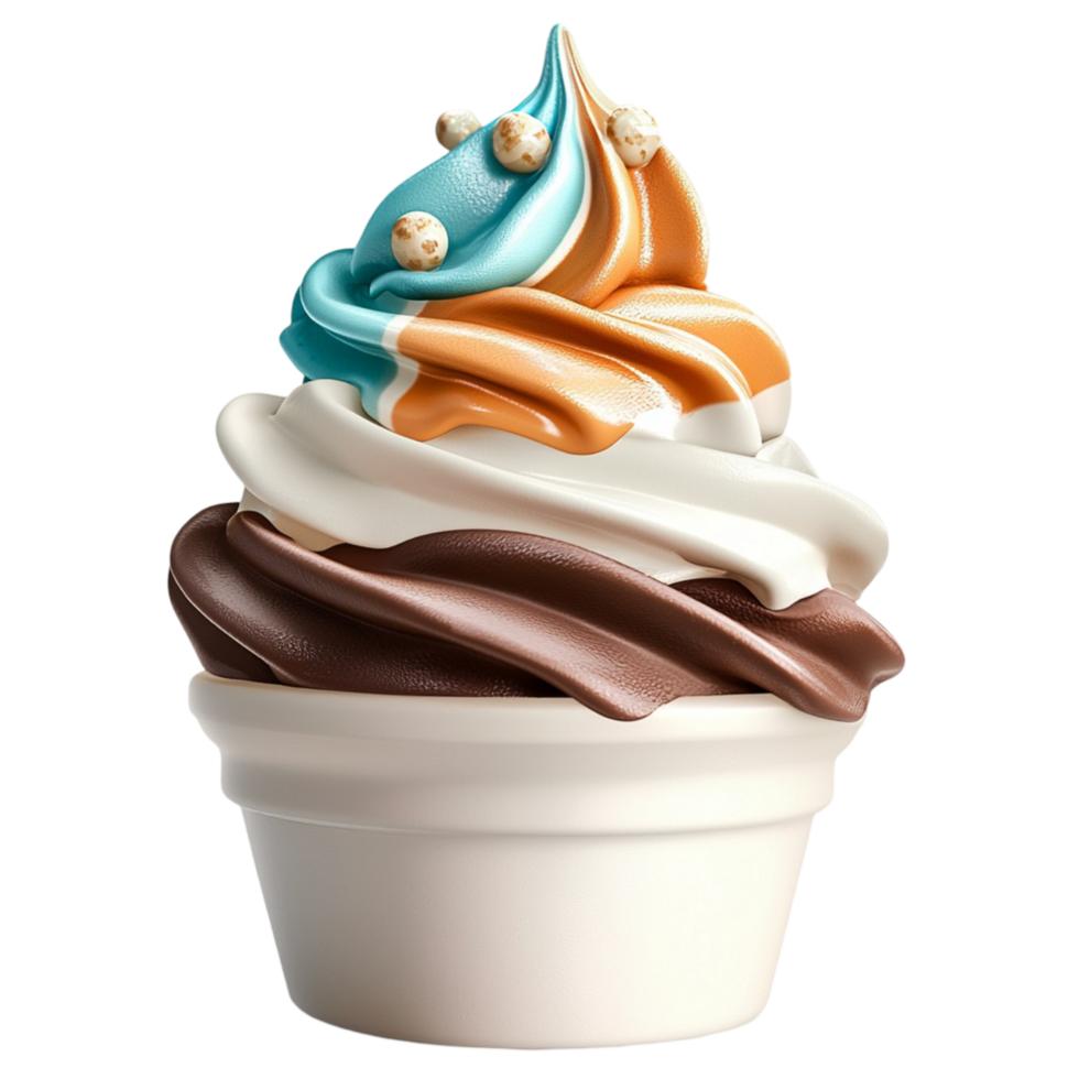 Swirled ice cream in chocolate and vanilla blue candy topping png