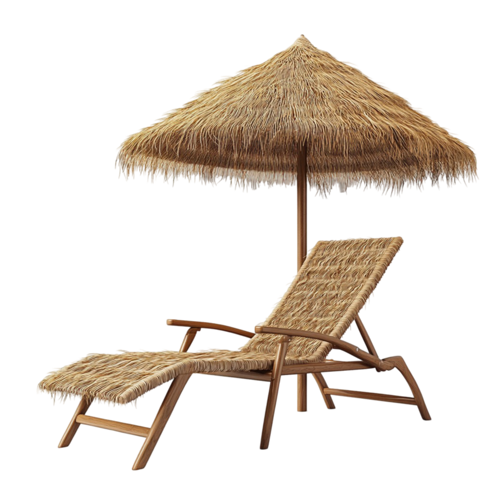 Bamboo lounge chair a matching straw umbrella for shade png