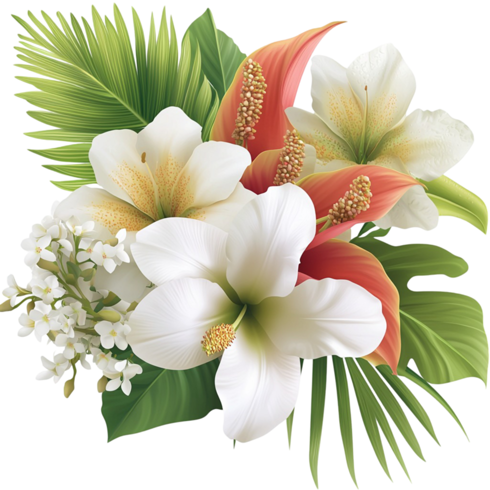 Lush tropical bouquet lilies anthuriums and green foliage png