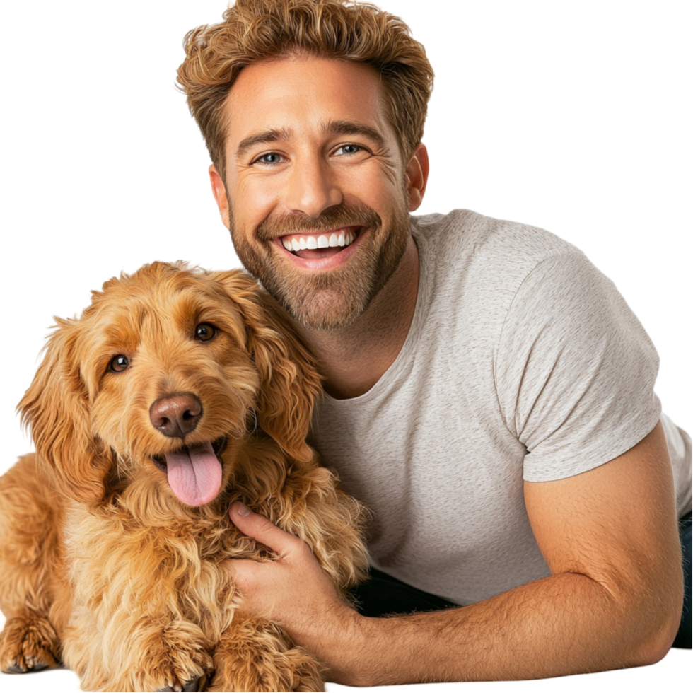 Smiling man holding his fluffy dog joy and companionship png
