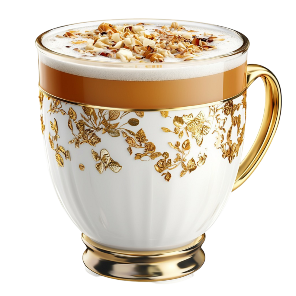 Luxurious coffee cup ornate gold designs and creamy foam png