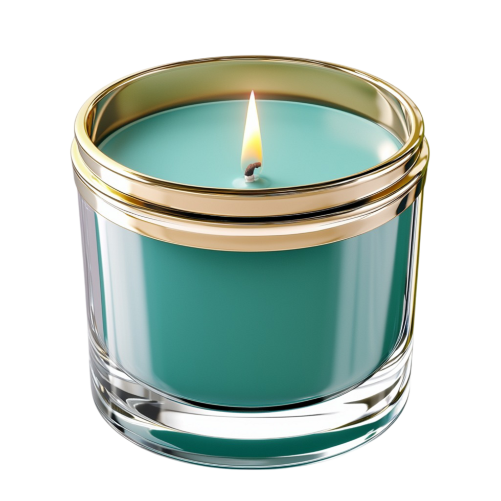 Scented candle in a glass jar a teal wax and golden rim png