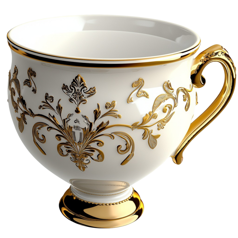 Ornate ceramic teacup golden floral patterns and handle png