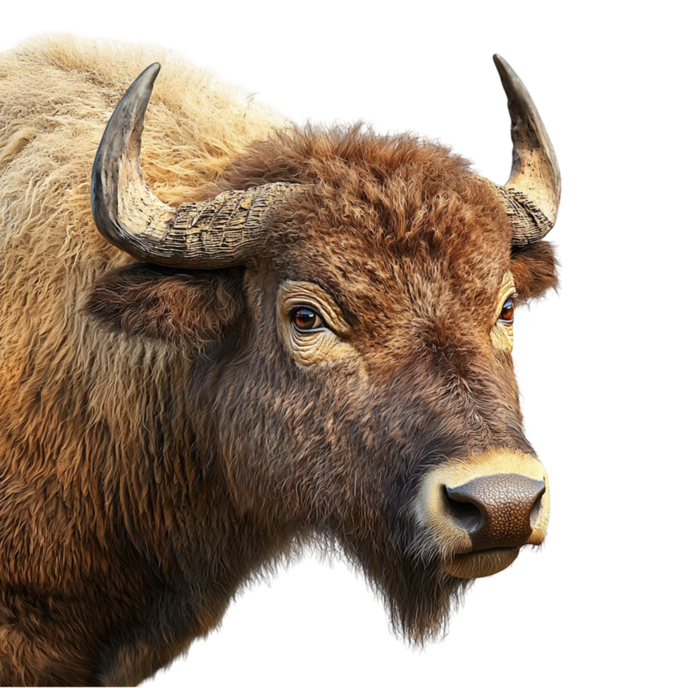 Bison thick fur and strong horns looking directly ahead png